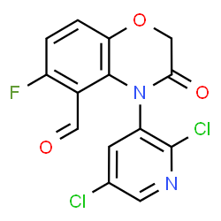 ChemSpider 2D Image | 4-(2,5-Dichloro-3-pyridinyl)-6-fluoro-3-oxo-3,4-dihydro-2H-1,4-benzoxazine-5-carbaldehyde | C14H7Cl2FN2O3