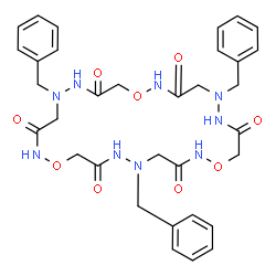 ChemSpider 2D Image | 5,13,21-Tribenzyl-1,9,17-trioxa-2,5,6,10,13,14,18,21,22-nonaazacyclotetracosane-3,7,11,15,19,23-hexone | C33H39N9O9
