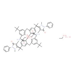 ChemSpider 2D Image | 2,2'-{[26,28-Dihydroxy-5,11,17,23-tetrakis(2-methyl-2-propanyl)pentacyclo[19.3.1.1~3,7~.1~9,13~.1~15,19~]octacosa-1(25),3(28),4,6,9(27),10,12,15(26),16,18,21,23-dodecaene-25,27-diyl]bis(oxy)}bis[N-(1,
5-dimethyl-3-oxo-2-phenyl-2,3-dihydro-1H-pyrazol-4-yl)acetamide] - ethanol hydrate (1:1:1) | C72H90N6O10