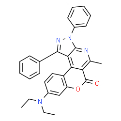 ChemSpider 2D Image | 9-(Diethylamino)-5-methyl-1,3-diphenylchromeno[4,3-d]pyrazolo[3,4-b]pyridin-6(3H)-one | C30H26N4O2