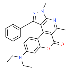 ChemSpider 2D Image | 9-(Diethylamino)-3,5-dimethyl-1-phenylchromeno[4,3-d]pyrazolo[3,4-b]pyridin-6(3H)-one | C25H24N4O2