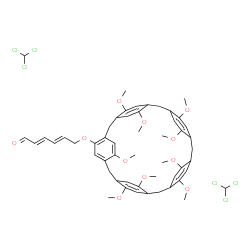 ChemSpider 2D Image | (2E,4E)-6-{[9,14,19,24,26,28,30,32,34-Nonamethoxyhexacyclo[21.2.2.2~3,6~.2~8,11~.2~13,16~.2~18,21~]pentatriaconta-1(25),3,5,8,10,13,15,18,20,23,26,28,30,32,34-pentadecaen-4-yl]oxy}-2,4-hexadienal - ch
loroform (1:2) | C52H56Cl6O11