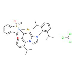 ChemSpider 2D Image | [1,3-Bis(2,6-diisopropylphenyl)-1,3-dihydro-2H-imidazol-2-ylidene](1,1-dioxido-3-oxo-1,2-benzothiazol-2(3H)-yl)gold - chloroform (1:1) | C35H41AuCl3N3O3S