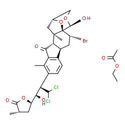 ChemSpider 2D Image | Ethyl acetate - (1S,2R,4R,12S,13R,15R,18R)-2-bromo-8-{(2S,3S)-1,1-dichloro-3-hydroxy-3-[(2R,4S)-4-methyl-5-oxotetrahydro-2-furanyl]-2-propanyl}-18-hydroxy-9,13-dimethyl-17,19-dioxapentacyclo[13.3.1.0~
1,13~.0~4,12~.0~5,10~]nonadeca-5,7,9-trien-11-one (1:1) | C31H39BrCl2O9