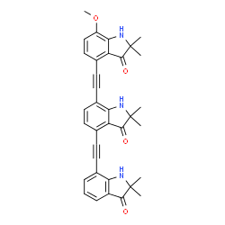 ChemSpider 2D Image | 4-[(2,2-Dimethyl-3-oxo-2,3-dihydro-1H-indol-7-yl)ethynyl]-7-[(7-methoxy-2,2-dimethyl-3-oxo-2,3-dihydro-1H-indol-4-yl)ethynyl]-2,2-dimethyl-1,2-dihydro-3H-indol-3-one | C35H31N3O4