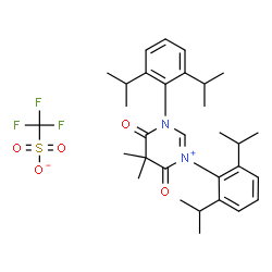 ChemSpider 2D Image | 1,3-Bis(2,6-diisopropylphenyl)-5,5-dimethyl-4,6-dioxo-3,4,5,6-tetrahydropyrimidin-1-ium trifluoromethanesulfonate | C31H41F3N2O5S