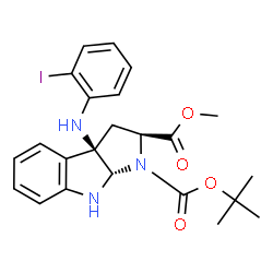 ChemSpider 2D Image | 2-Methyl 1-(2-methyl-2-propanyl) (2S,3aR,8aS)-3a-[(2-iodophenyl)amino]-3,3a,8,8a-tetrahydropyrrolo[2,3-b]indole-1,2(2H)-dicarboxylate | C23H26IN3O4