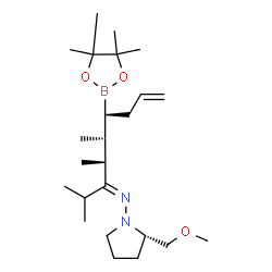 ChemSpider 2D Image | (3E,4R,5R,6S)-N-[(2S)-2-(Methoxymethyl)-1-pyrrolidinyl]-2,4,5-trimethyl-6-(4,4,5,5-tetramethyl-1,3,2-dioxaborolan-2-yl)-8-nonen-3-imine | C24H45BN2O3