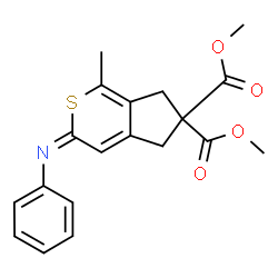 ChemSpider 2D Image | Dimethyl (3E)-1-methyl-3-(phenylimino)-3,5-dihydrocyclopenta[c]thiopyran-6,6(7H)-dicarboxylate | C19H19NO4S
