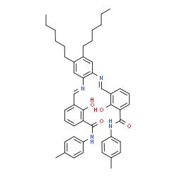 ChemSpider 2D Image | 3,3'-{(4,5-Dihexyl-1,2-phenylene)bis[nitrilo(E)methylylidene]}bis[2-hydroxy-N-(4-methylphenyl)benzamide] | C48H54N4O4