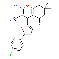 ChemSpider 2D Image | 2-Amino-4-[5-(4-chlorophenyl)-2-furyl]-7,7-dimethyl-5-oxo-5,6,7,8-tetrahydro-4H-chromene-3-carbonitrile | C22H19ClN2O3