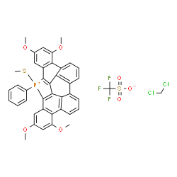 ChemSpider 2D Image | 2,4,11,13-Tetramethoxy-15-(methylsulfanyl)-15-phenyl-15H-benzo[g]benzo[5,6]tetraceno[11,12,1-bcde]phosphindolium trifluoromethanesulfonate - dichloromethane (1:1:1) | C41H32Cl2F3O7PS2