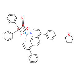 ChemSpider 2D Image | Bromo[4,7-diphenyl-1,10-dihydro-1,10-phenanthrolinato(2-)-kappa~2~N~1~,N~10~][(hydroxy-kappaO)(diphenyl)acetato(2-)-kappaO](oxo)rhenium - tetrahydrofuran (1:1) | C42H34BrN2O5Re