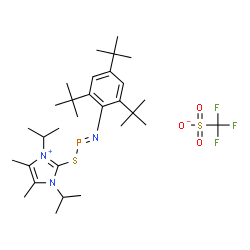 ChemSpider 2D Image | 1,3-Diisopropyl-4,5-dimethyl-2-{[(E)-{[2,4,6-tris(2-methyl-2-propanyl)phenyl]imino}phosphino]sulfanyl}-1H-imidazol-3-ium trifluoromethanesulfonate | C30H49F3N3O3PS2