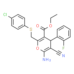 ChemSpider 2D Image | Ethyl 6-amino-2-{[(4-chlorophenyl)sulfanyl]methyl}-5-cyano-4-(2-fluorophenyl)-4H-pyran-3-carboxylate | C22H18ClFN2O3S