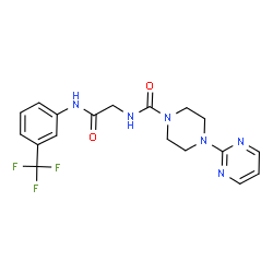 ChemSpider 2D Image | N-(2-Oxo-2-{[3-(trifluoromethyl)phenyl]amino}ethyl)-4-(2-pyrimidinyl)-1-piperazinecarboxamide | C18H19F3N6O2
