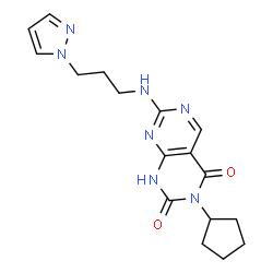 ChemSpider 2D Image | 3-Cyclopentyl-7-{[3-(1H-pyrazol-1-yl)propyl]amino}pyrimido[4,5-d]pyrimidine-2,4(1H,3H)-dione | C17H21N7O2
