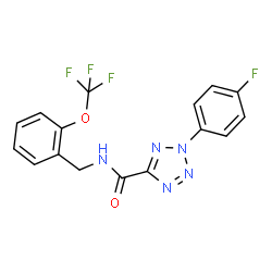 ChemSpider 2D Image | 2-(4-Fluorophenyl)-N-[2-(trifluoromethoxy)benzyl]-2H-tetrazole-5-carboxamide | C16H11F4N5O2