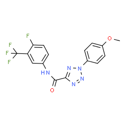 ChemSpider 2D Image | N-[4-Fluoro-3-(trifluoromethyl)phenyl]-2-(4-methoxyphenyl)-2H-tetrazole-5-carboxamide | C16H11F4N5O2