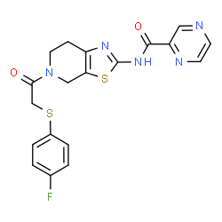 ChemSpider 2D Image | N-(5-{[(4-Fluorophenyl)sulfanyl]acetyl}-4,5,6,7-tetrahydro[1,3]thiazolo[5,4-c]pyridin-2-yl)-2-pyrazinecarboxamide | C19H16FN5O2S2