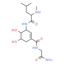ChemSpider 2D Image | N-{3-[(2-Amino-2-oxoethyl)carbamoyl]-5,6-dihydroxy-2-cyclohexen-1-yl}-N~2~-methylleucinamide | C16H28N4O5