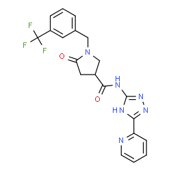 ChemSpider 2D Image | 5-Oxo-N-[3-(2-pyridinyl)-1H-1,2,4-triazol-5-yl]-1-[3-(trifluoromethyl)benzyl]-3-pyrrolidinecarboxamide | C20H17F3N6O2