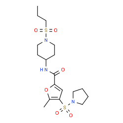 ChemSpider 2D Image | 5-Methyl-N-[1-(propylsulfonyl)-4-piperidinyl]-4-(1-pyrrolidinylsulfonyl)-2-furamide | C18H29N3O6S2