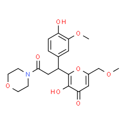 ChemSpider 2D Image | 3-Hydroxy-2-[1-(4-hydroxy-3-methoxyphenyl)-3-(4-morpholinyl)-3-oxopropyl]-6-(methoxymethyl)-4H-pyran-4-one | C21H25NO8