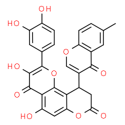 ChemSpider 2D Image | 2-(3,4-Dihydroxyphenyl)-3,5-dihydroxy-10-(6-methyl-4-oxo-4H-chromen-3-yl)-9,10-dihydro-4H,8H-pyrano[2,3-f]chromene-4,8-dione | C28H18O10