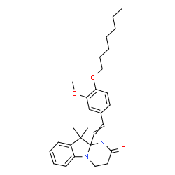 ChemSpider 2D Image | 10a-{2-[4-(Heptyloxy)-3-methoxyphenyl]vinyl}-10,10-dimethyl-3,4,10,10a-tetrahydropyrimido[1,2-a]indol-2(1H)-one | C29H38N2O3