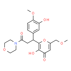 ChemSpider 2D Image | 3-Hydroxy-2-[1-(3-hydroxy-4-methoxyphenyl)-3-(4-morpholinyl)-3-oxopropyl]-6-(methoxymethyl)-4H-pyran-4-one | C21H25NO8