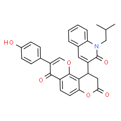 ChemSpider 2D Image | 3-(4-Hydroxyphenyl)-10-(1-isobutyl-2-oxo-1,2-dihydro-3-quinolinyl)-9,10-dihydro-4H,8H-pyrano[2,3-f]chromene-4,8-dione | C31H25NO6