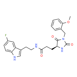 ChemSpider 2D Image | N-[2-(5-Fluoro-1H-indol-3-yl)ethyl]-3-[(4S)-1-(2-methoxybenzyl)-2,5-dioxo-4-imidazolidinyl]propanamide | C24H25FN4O4