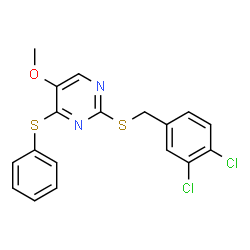 ChemSpider 2D Image | 2-[(3,4-Dichlorobenzyl)sulfanyl]-5-methoxy-4-(phenylsulfanyl)pyrimidine | C18H14Cl2N2OS2