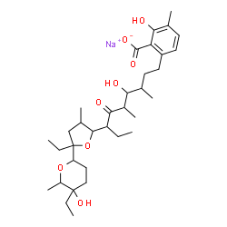 ChemSpider 2D Image | Sodium 6-{7-[5-ethyl-5-(5-ethyl-5-hydroxy-6-methyltetrahydro-2H-pyran-2-yl)-3-methyltetrahydro-2-furanyl]-4-hydroxy-3,5-dimethyl-6-oxononyl}-2-hydroxy-3-methylbenzoate | C34H53NaO8