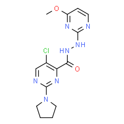 ChemSpider 2D Image | 5-Chloro-N'-[(2E)-6-methoxy-2(1H)-pyrimidinylidene]-2-(1-pyrrolidinyl)-4-pyrimidinecarbohydrazide | C14H16ClN7O2