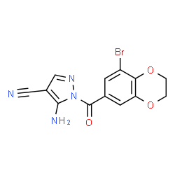 ChemSpider 2D Image | 5-Amino-1-[(8-bromo-2,3-dihydro-1,4-benzodioxin-6-yl)carbonyl]-1H-pyrazole-4-carbonitrile | C13H9BrN4O3