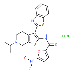 ChemSpider 2D Image | N-[3-(1,3-Benzothiazol-2-yl)-6-isopropyl-4,5,6,7-tetrahydrothieno[2,3-c]pyridin-2-yl]-5-nitro-2-furamide hydrochloride (1:1) | C22H21ClN4O4S2