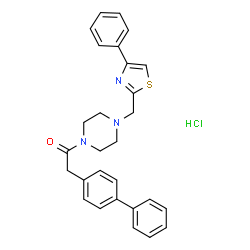 ChemSpider 2D Image | 2-(4-Biphenylyl)-1-{4-[(4-phenyl-1,3-thiazol-2-yl)methyl]-1-piperazinyl}ethanone hydrochloride (1:1) | C28H28ClN3OS