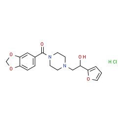 ChemSpider 2D Image | 1,3-Benzodioxol-5-yl{4-[2-(2-furyl)-2-hydroxyethyl]-1-piperazinyl}methanone hydrochloride (1:1) | C18H21ClN2O5