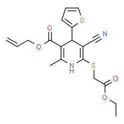 ChemSpider 2D Image | Allyl 5-cyano-6-[(2-ethoxy-2-oxoethyl)sulfanyl]-2-methyl-4-(2-thienyl)-1,4-dihydro-3-pyridinecarboxylate | C19H20N2O4S2