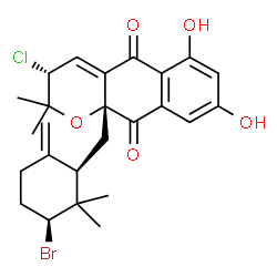 ChemSpider 2D Image | (3R,10aR)-10a-{[(1R,3S)-3-Bromo-2,2-dimethyl-6-methylenecyclohexyl]methyl}-3-chloro-6,8-dihydroxy-2,2-dimethyl-3,10a-dihydro-2H-benzo[g]chromene-5,10-dione | C25H28BrClO5