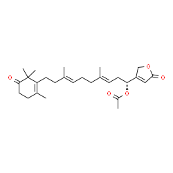 ChemSpider 2D Image | (1R,3E,7E)-4,8-Dimethyl-1-(5-oxo-2,5-dihydro-3-furanyl)-10-(2,6,6-trimethyl-5-oxo-1-cyclohexen-1-yl)-3,7-decadien-1-yl acetate | C27H38O5