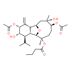 ChemSpider 2D Image | (1R,2R,4R,5S,6R,7R,8R,9R,12S,13S)-4,12-Diacetoxy-5,13-dihydroxy-6-isopropyl-9,13-dimethyl-3-methylene-15-oxatricyclo[6.6.1.0~2,7~]pentadec-9-yl butyrate | C28H44O9
