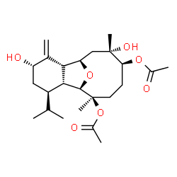 ChemSpider 2D Image | (1R,2R,4S,6R,7R,8R,9R,12S,13S)-4,13-Dihydroxy-6-isopropyl-9,13-dimethyl-3-methylene-15-oxatricyclo[6.6.1.0~2,7~]pentadecane-9,12-diyl diacetate | C24H38O7