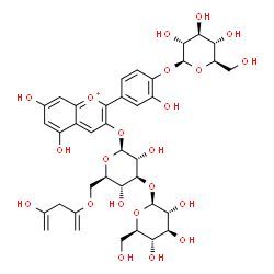 ChemSpider 2D Image | 2-[4-(beta-D-Glucopyranosyloxy)-3-hydroxyphenyl]-5,7-dihydroxy-3-chromeniumyl 3-O-beta-D-glucopyranosyl-6-O-(4-hydroxy-1,4-pentadien-2-yl)-beta-D-glucopyranoside | C38H47O22