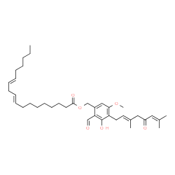 ChemSpider 2D Image | 4-[(2E)-3,7-Dimethyl-5-oxo-2,6-octadien-1-yl]-2-formyl-3-hydroxy-5-methoxybenzyl (9E,12E)-9,12-octadecadienoate | C37H54O6