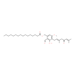 ChemSpider 2D Image | 4-[(2E)-3,7-Dimethyl-5-oxo-2,6-octadien-1-yl]-2-formyl-3-hydroxy-5-methoxybenzyl palmitate | C35H54O6
