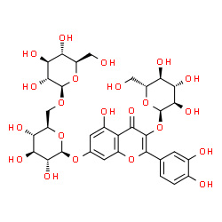 ChemSpider 2D Image | 2-(3,4-Dihydroxyphenyl)-7-{[6-O-(beta-D-glucopyranosyl)-beta-D-glucopyranosyl]oxy}-5-hydroxy-4-oxo-4H-chromen-3-yl alpha-D-glucopyranoside | C33H40O22