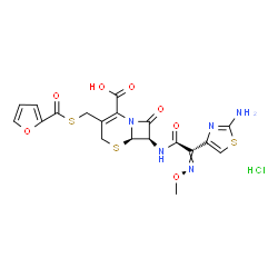 ChemSpider 2D Image | (6R,7R)-7-{[(2-Amino-1,3-thiazol-4-yl)(methoxyimino)acetyl]amino}-3-[(2-furoylsulfanyl)methyl]-8-oxo-5-thia-1-azabicyclo[4.2.0]oct-2-ene-2-carboxylic acid hydrochloride (1:1) | C19H18ClN5O7S3